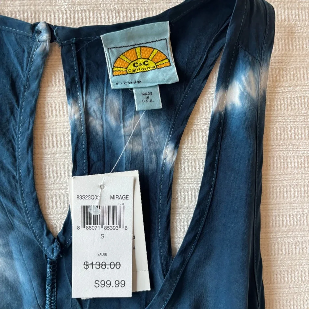 C&C California Mirage Tie Dye Maxi Dress Blue White Racerback Small NWT